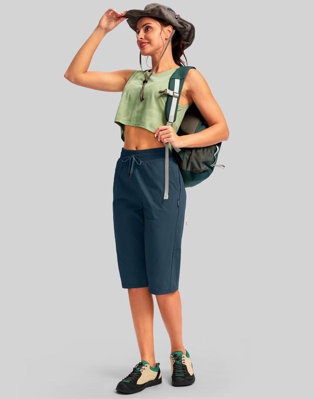 imageG Gradual Womens 15 Long Shorts Below The Knee Hiking Cargo Capris Stretch Quick Dry Bermuda Shorts for Women with PocketsDusty Blue