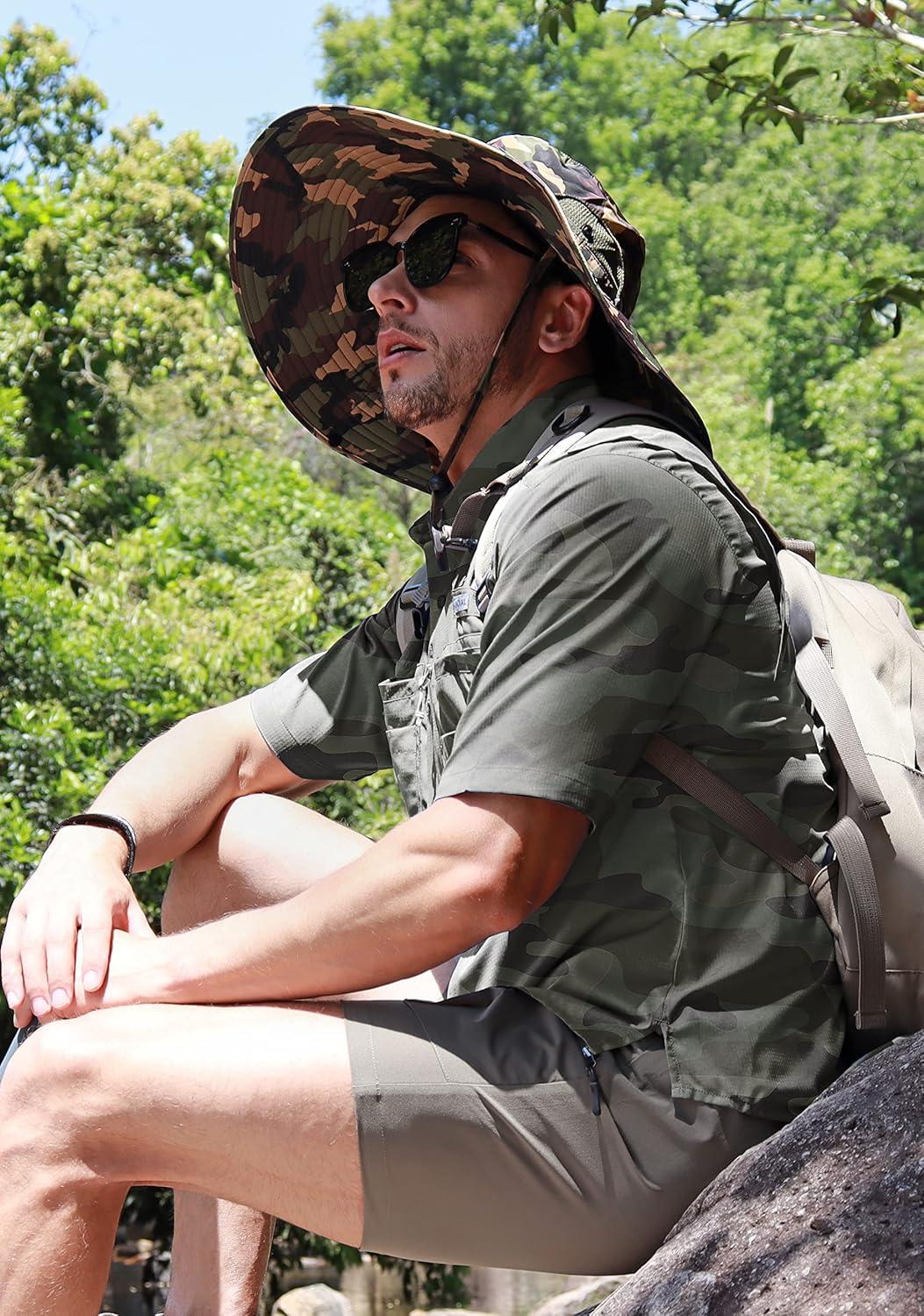 imageMens Fishing Shirts with Zipper Pockets UPF 50 Lightweight Cool Short Sleeve Button Down Shirts for Men Casual HikingGreen Camo