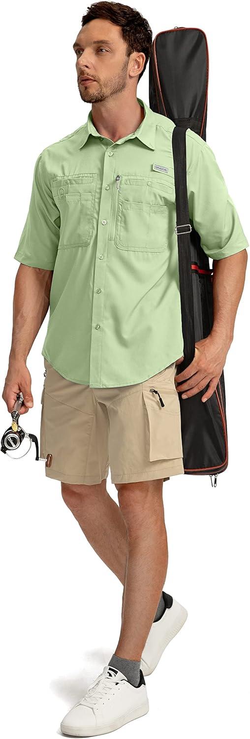 imageMens Fishing Shirts with Zipper Pockets UPF 50 Lightweight Cool Short Sleeve Button Down Shirts for Men Casual HikingLight Green