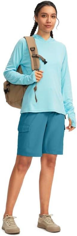 imageWomens 10quot Hiking Golf Long Shorts with 5 Pockets Knee Length Lightweight Quick Dry Cargo Bermuda Shorts for WomenBlue
