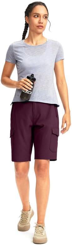 imageWomens 10quot Hiking Golf Long Shorts with 5 Pockets Knee Length Lightweight Quick Dry Cargo Bermuda Shorts for WomenWine