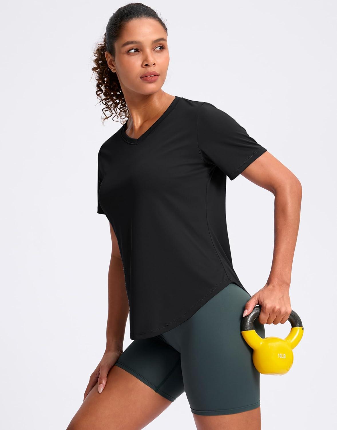 imageWomens Workout Tops VNeck Short Sleeve UPF 50 Sun Shirt Moisture Wicking Quick Dry Top for Gym Running AthleticBlack