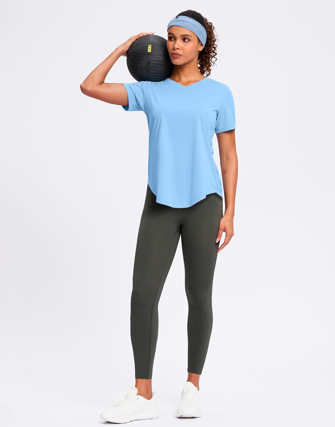 imageWomens Workout Tops VNeck Short Sleeve UPF 50 Sun Shirt Moisture Wicking Quick Dry Top for Gym Running AthleticHaze Blue