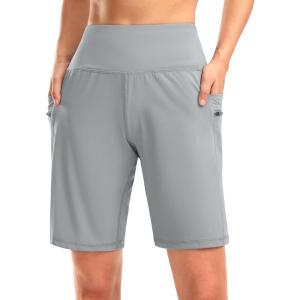 G Gradual Women’s High Waisted 9″ Bermuda Shorts with Zipper Pockets Athletic Workout Long Shorts for Women Knee Length(Bright Grey)