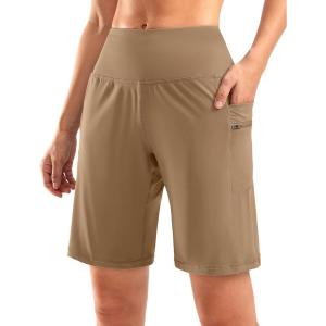 G Gradual Women’s High Waisted 9″ Bermuda Shorts with Zipper Pockets Athletic Workout Long Shorts for Women Knee Length(Bronze Green)