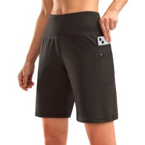 G Gradual Women’s High Waisted 9″ Bermuda Shorts with Zipper Pockets Athletic Workout Long Shorts for Women Knee Length(Brown)