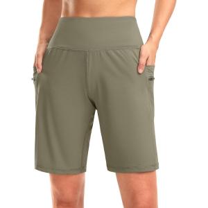 G Gradual Women’s High Waisted 9″ Bermuda Shorts with Zipper Pockets Athletic Workout Long Shorts for Women Knee Length(Dark Khaki)
