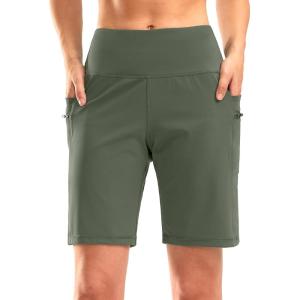 G Gradual Women’s High Waisted 9″ Bermuda Shorts with Zipper Pockets Athletic Workout Long Shorts for Women Knee Length(Grey Sage)