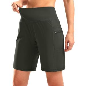G Gradual Women’s High Waisted 9″ Bermuda Shorts with Zipper Pockets Athletic Workout Long Shorts for Women Knee Length(Olive Green)
