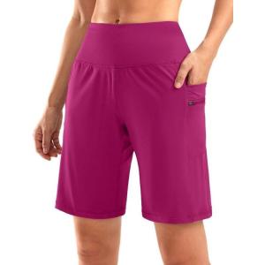 G Gradual Women’s High Waisted 9″ Bermuda Shorts with Zipper Pockets Athletic Workout Long Shorts for Women Knee Length(Rose)