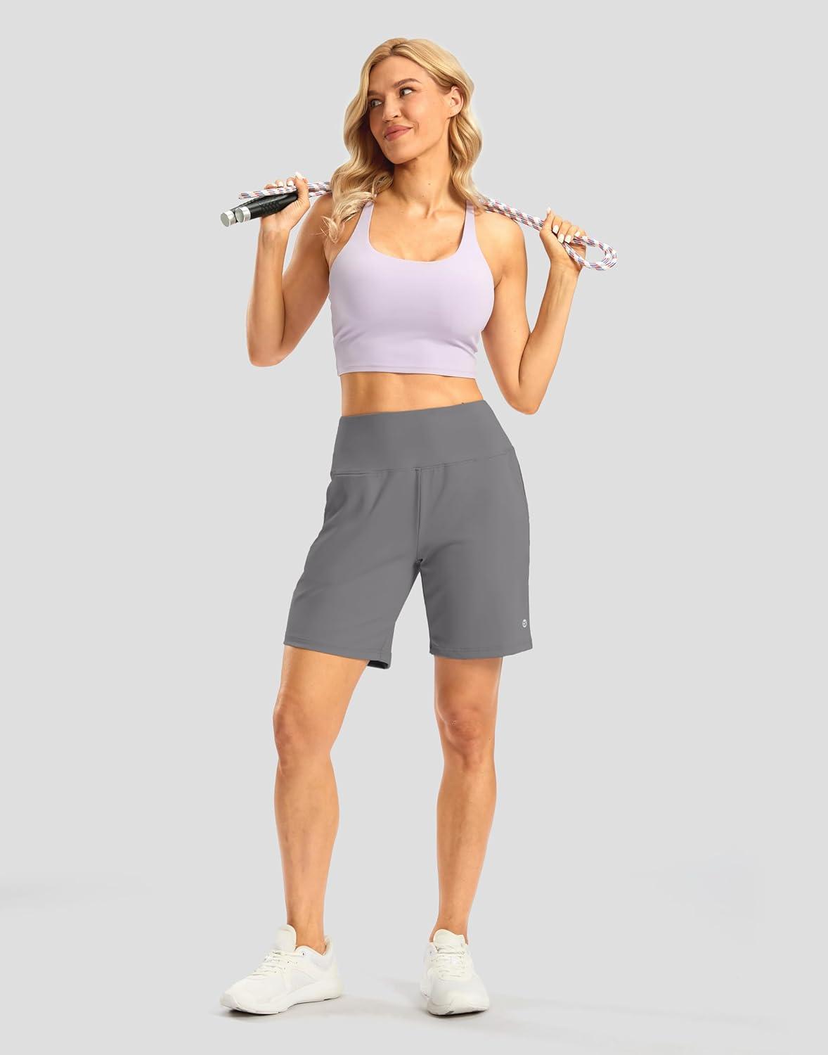 imageWomens Athletic Shorts with Zipper Pocket 7quot High Waisted Stretchy Bermuda Shorts for Women Workout Running CasualGrey