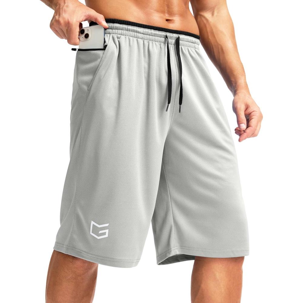 imageG Gradual Mens Long Basketball Shorts with Zipper Pocket 11 Quick Dry Gym Shorts Lightweight Mesh Athletic Shorts for MenLight Gray