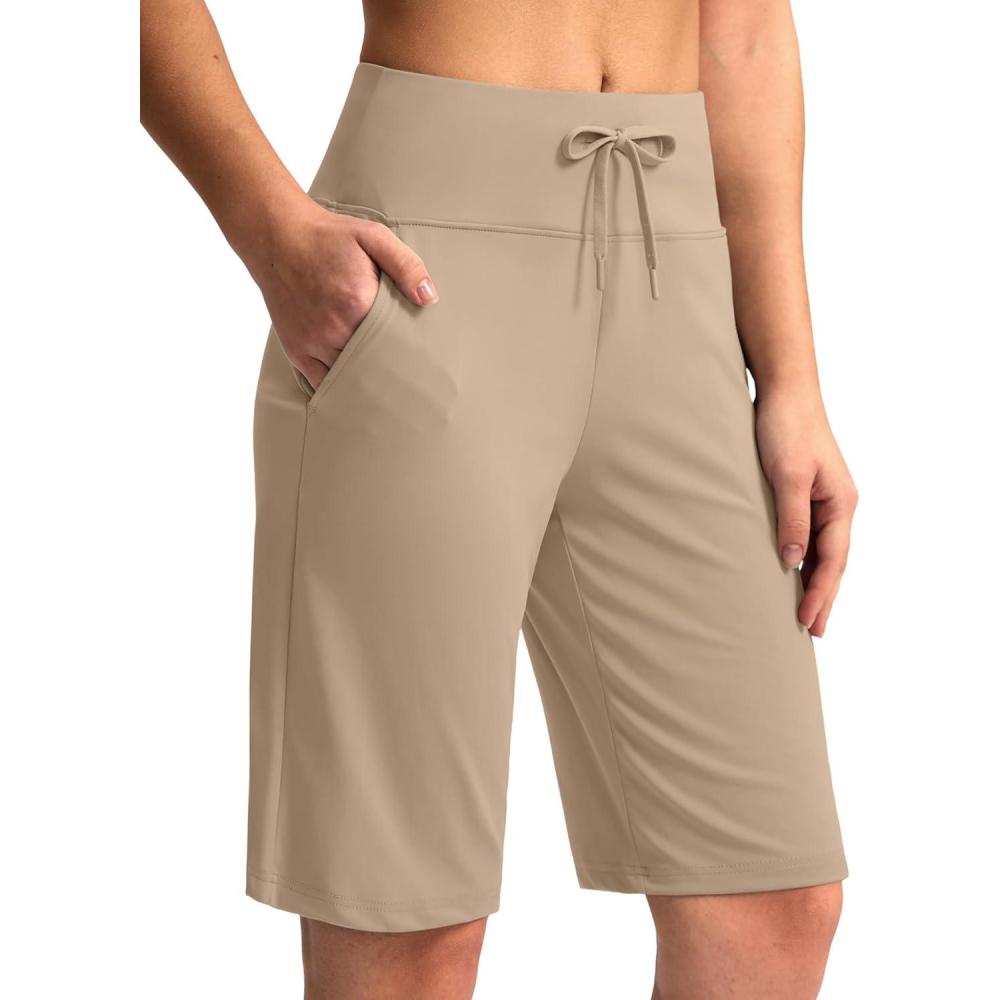 imageG Gradual Womens Bermuda Shorts with Pockets 11quot Knee Length Stretch Comfy Drawstring Long Shorts for Women Summer WalkingKhaki