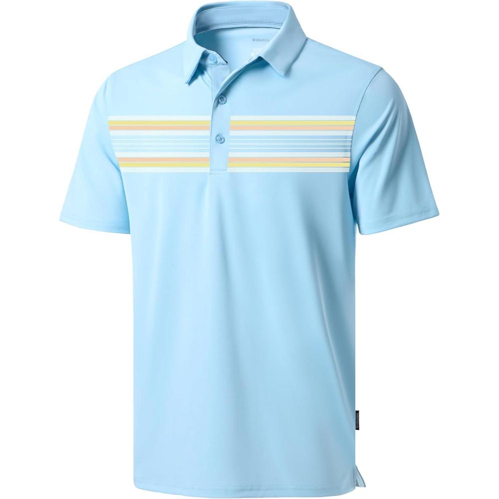 imageMens Golf Shirts Dry Fit Moisture Wicking Performance Short Sleeve Collared Polo Shirts for Casual Athletic BusinessLight Blue Stripes