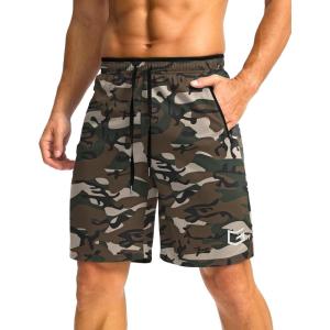 G Gradual Men’s Gym Shorts wtih Zipper Pocket 9″ Athletic Basketball Mesh Shorts for Men Workout Quick Dry Lightiweight(Green Camo)