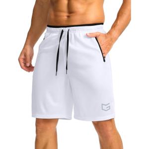 G Gradual Men’s Gym Shorts wtih Zipper Pocket 9″ Athletic Basketball Mesh Shorts for Men Workout Quick Dry Lightiweight(White)