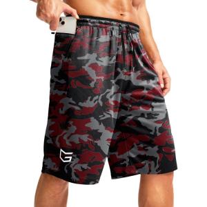 G Gradual Men’s Long Basketball Shorts with Zipper Pocket 11” Quick Dry Gym Shorts Lightweight Mesh Athletic Shorts for Men(Red Camo)