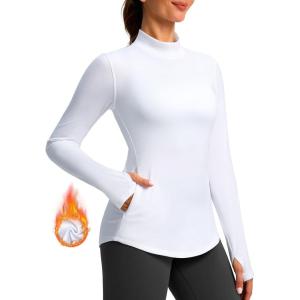 G Gradual Thermal Shirts for Women Long Sleeve Mock Neck Fleece Tops Running Workout Cold Weather Gear with Zip Pocket(White)