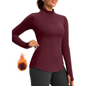 G Gradual Thermal Shirts for Women Long Sleeve Mock Neck Fleece Tops Running Workout Cold Weather Gear with Zip Pocket(Wine)