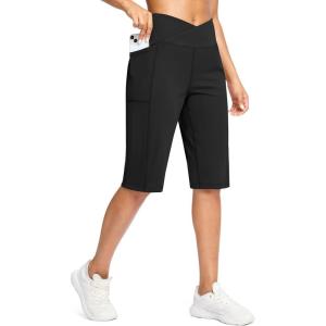 G Gradual Women’s 14″ Bermuda Long Shorts Knee Length High Waisted Athletic Shorts with Pockets Stretch Casual Summer Walking(Black)