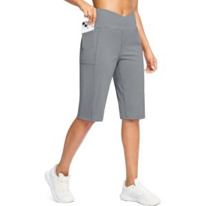 G Gradual Women’s 14″ Bermuda Long Shorts Knee Length High Waisted Athletic Shorts with Pockets Stretch Casual Summer Walking(Light Grey)
