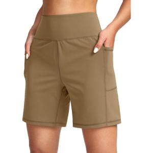 G Gradual Women’s 7” Athletic Long Shorts with Pockets High Waisted Stretch Bermuda Shorts for Women Walking Workout Casual(Dark Khaki)