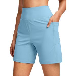 G Gradual Women’s 7” Athletic Long Shorts with Pockets High Waisted Stretch Bermuda Shorts for Women Walking Workout Casual(Light Blue)