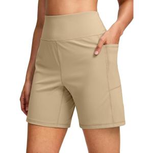 G Gradual Women’s 7” Athletic Long Shorts with Pockets High Waisted Stretch Bermuda Shorts for Women Walking Workout Casual(Light Khaki)