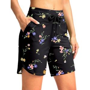 G Gradual Women’s 7″ High Waisted Swim Board Shorts with Pockets Quick Dry Beach Swimming Shorts for Women with Liner(Black Floral)