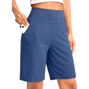 G Gradual Women’s Bermuda Long Shorts with Pockets 9″ High Waisted Knee Length Shorts for Women Walking Athletic Workout(Blue)