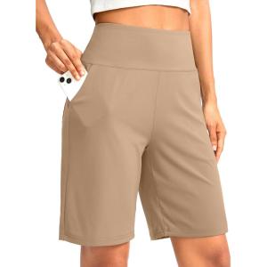 G Gradual Women’s Bermuda Long Shorts with Pockets 9″ High Waisted Knee Length Shorts for Women Walking Athletic Workout(Khaki)