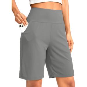 G Gradual Women’s Bermuda Long Shorts with Pockets 9″ High Waisted Knee Length Shorts for Women Walking Athletic Workout(Light Grey)