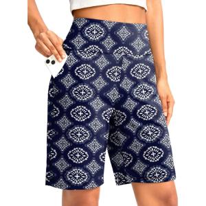 G Gradual Women’s Bermuda Long Shorts with Pockets 9″ High Waisted Knee Length Shorts for Women Walking Athletic Workout(Navy Flower)