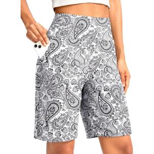 G Gradual Women’s Bermuda Long Shorts with Pockets 9″ High Waisted Knee Length Shorts for Women Walking Athletic Workout(White Paisley)