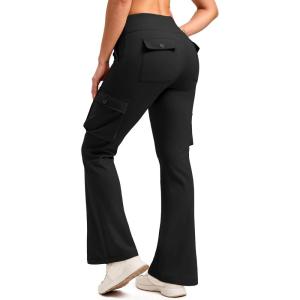 G Gradual Women’s Fleece Lined Cargo Pants 6 Pockets Bootcut Water Resistant Winter Flare Leggings for Work, Hiking, Travel(Black)
