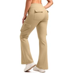 G Gradual Women’s Fleece Lined Cargo Pants 6 Pockets Bootcut Water Resistant Winter Flare Leggings for Work, Hiking, Travel(Dark Khaki)