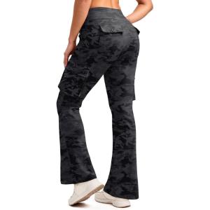 G Gradual Women’s Fleece Lined Cargo Pants 6 Pockets Bootcut Water Resistant Winter Flare Leggings for Work, Hiking, Travel(Grey Camo)