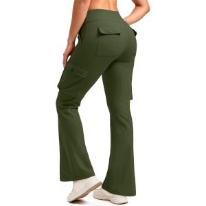 G Gradual Women’s Fleece Lined Cargo Pants 6 Pockets Bootcut Water Resistant Winter Flare Leggings for Work, Hiking, Travel(Olive)