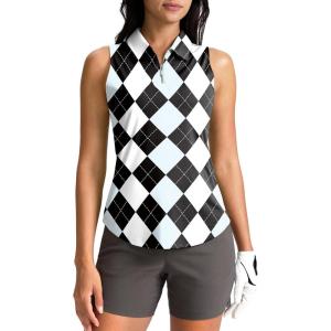 G Gradual Womens Golf Shirt Sleeveless Zip Up Polo Shirts for Women Collared Lightweight Tennis Athletic Tank Top(Grey Argyle)