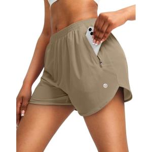 G Gradual Women’s Running Shorts with Zipper Pockets Quick Dry Athletic Workout Gym 3″ Shorts for Women with Comfy Liner(Khaki)