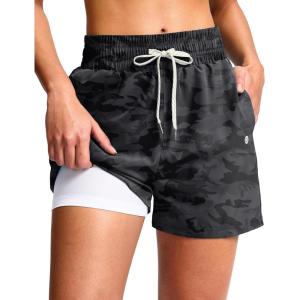 G Gradual Women’s Swim Shorts 4″ Quick Dry Board Shorts with Boxer Liner Deep Pockets Trunks for Water Fun, Beach, Surf, Pool(Black Camo)