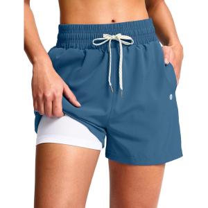 G Gradual Women’s Swim Shorts 4″ Quick Dry Board Shorts with Boxer Liner Deep Pockets Trunks for Water Fun, Beach, Surf, Pool(Blue Grey)