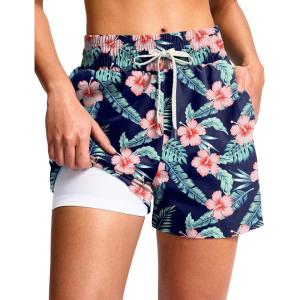G Gradual Women’s Swim Shorts 4″ Quick Dry Board Shorts with Boxer Liner Deep Pockets Trunks for Water Fun, Beach, Surf, Pool(Navy Flower)