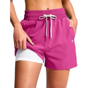 G Gradual Women’s Swim Shorts 4″ Quick Dry Board Shorts with Boxer Liner Deep Pockets Trunks for Water Fun, Beach, Surf, Pool(Rose)