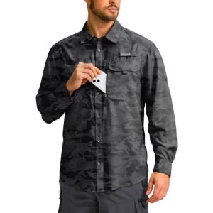 Men’s Sun Protection Fishing Shirt with Zipper Pockets Long Sleeve UPF 50+ UV Cooling Shirts for Men Hiking Travel(Grey Camo)
