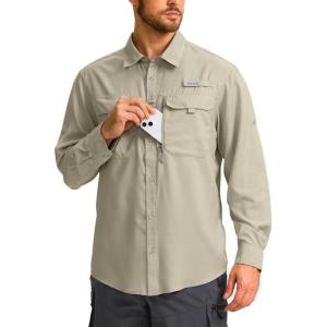 Men’s Sun Protection Fishing Shirt with Zipper Pockets Long Sleeve UPF 50+ UV Cooling Shirts for Men Hiking Travel(Khaki)