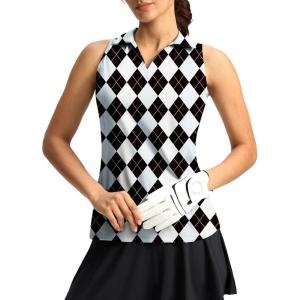 G Gradual Women’s Golf Shirt Sleeveless Lightweight V Neck Tennis Polo Shirts with Collar Quick Dry Athletic Tops for Women(Black Blue Argyle)