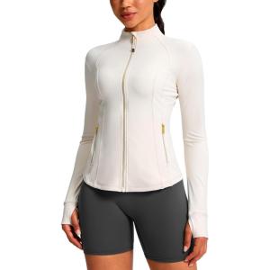 G Gradual Women’s Workout Jackets Extended Waist Length Slim Full Zip 4 Pockets Athletic Jacket Spring Running Yoga Clothes(Beige#gold Zip)