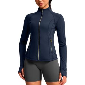 G Gradual Women’s Workout Jackets Extended Waist Length Slim Full Zip 4 Pockets Athletic Jacket Spring Running Yoga Clothes(Navy#gold Zip)