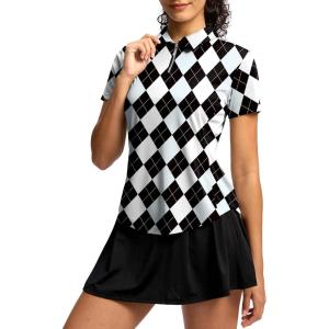 G Gradual Womens Golf Shirt Metal Zip Up Polo Short Sleeve Tennis Work Athletic Collared Top Quick Dry Lightweight(Grey Argyle)